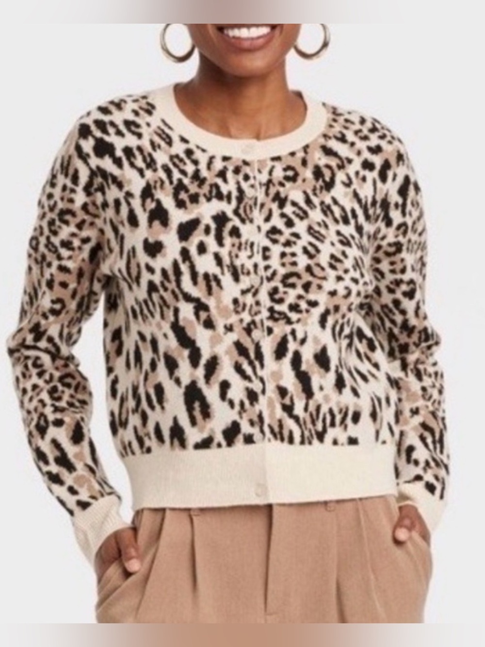 A new day cozy knit animal print leopard cheetah button up cardigan sweater L